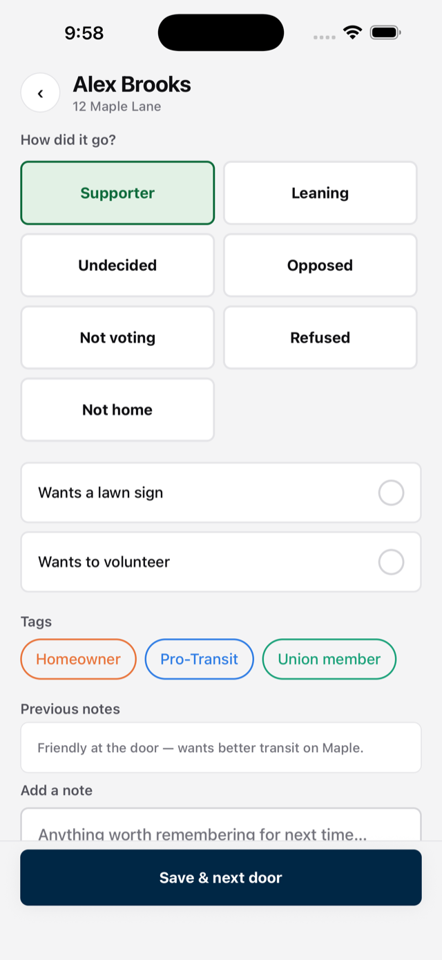 Recording a voter's support level, tags, and notes at the door.